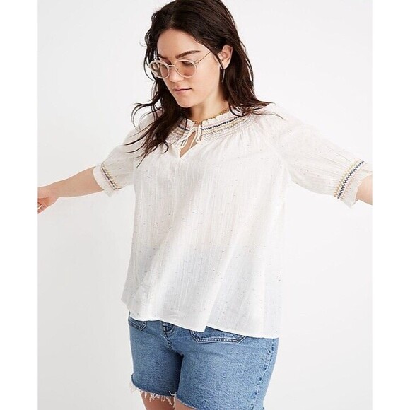 Madewell Rainbow Smocked Peasant Cotton Top Speckled Size Large NWT Boho - Picture 3 of 5